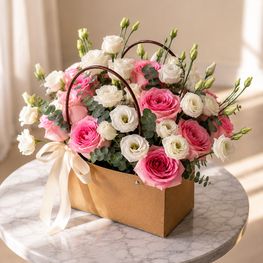 Premium luxury flower box featuring fresh pink roses and white lisianthus by Amarilis Flowers for flower delivery in the GTA.