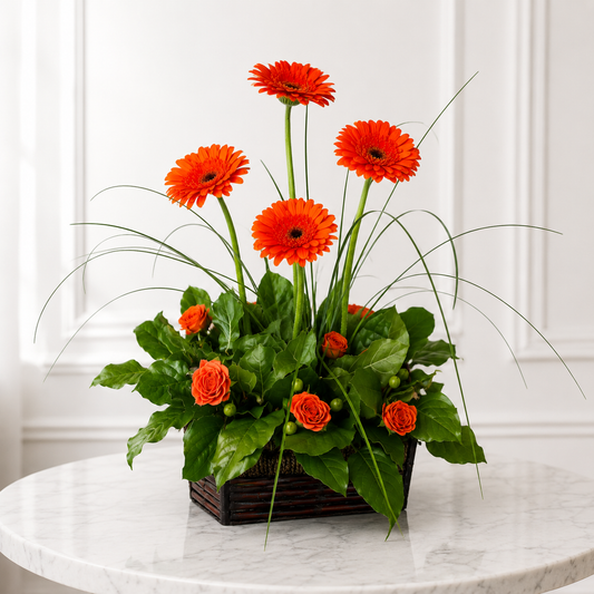 Premium luxury flower delivery Toronto arrangement with orange gerberas and greenery