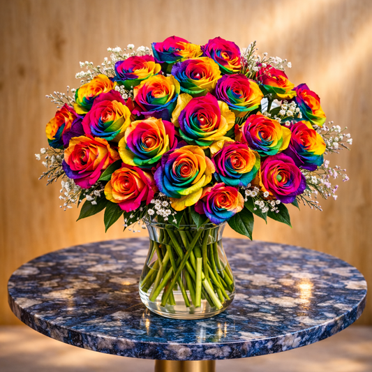 rainbow roses bouquet in glass vase on marble table Toronto