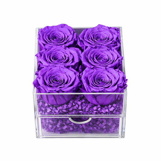 Purple everlasting roses arranged in acrylic gift box