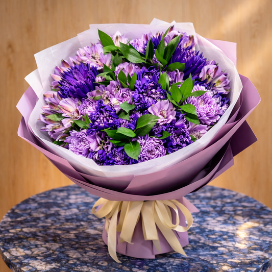Elegant purple flower bouquet Toronto on marble table with visible golden base