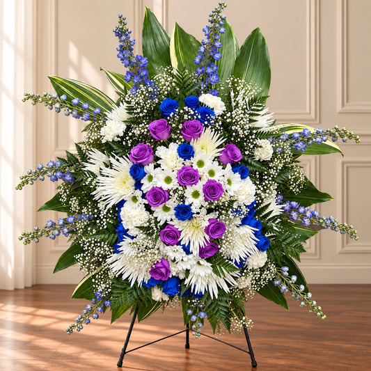 Purple funeral standing spray with purple and blue roses, white chrysanthemums and blue delphinium on an easel