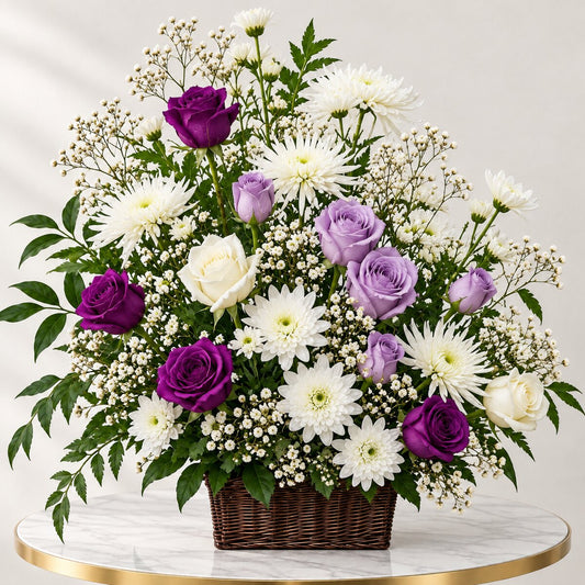 Purple memorial flower basket with lavender roses and white chrysanthemums