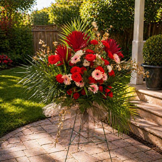 red tropical flower arrangement Toronto side angle elegant floral design