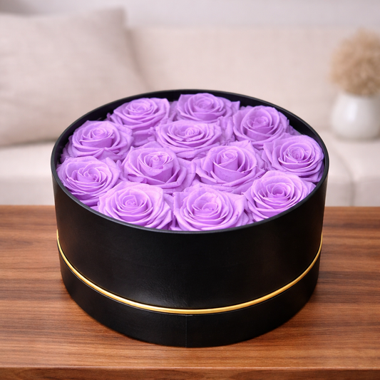 Red forever roses arrangement in premium round gift box
