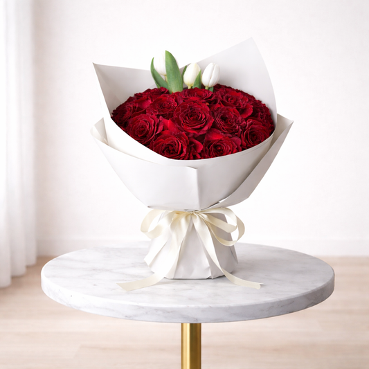 red rose bouquet delivery Toronto velvet midnight bloom roses and white tulips