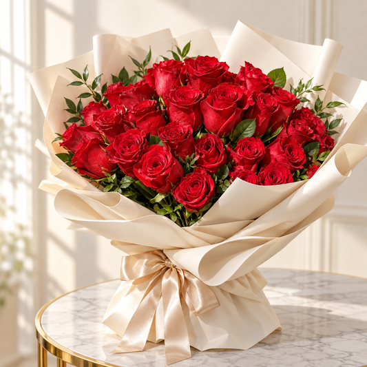 Right-side view of red roses in ivory paper tied with a champagne ribbon on a gold-rimmed marble table