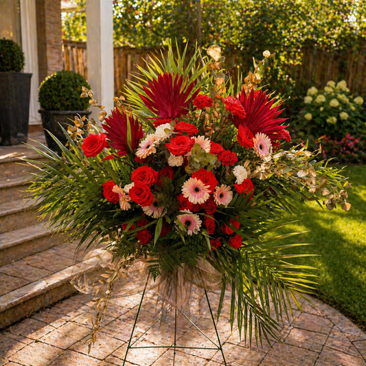 red tropical flower arrangement Toronto with roses and palm leaves luxury design