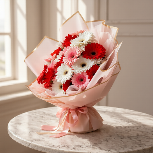 same day flower delivery toronto gerbera bouquet side angle elegant wrapped flowers