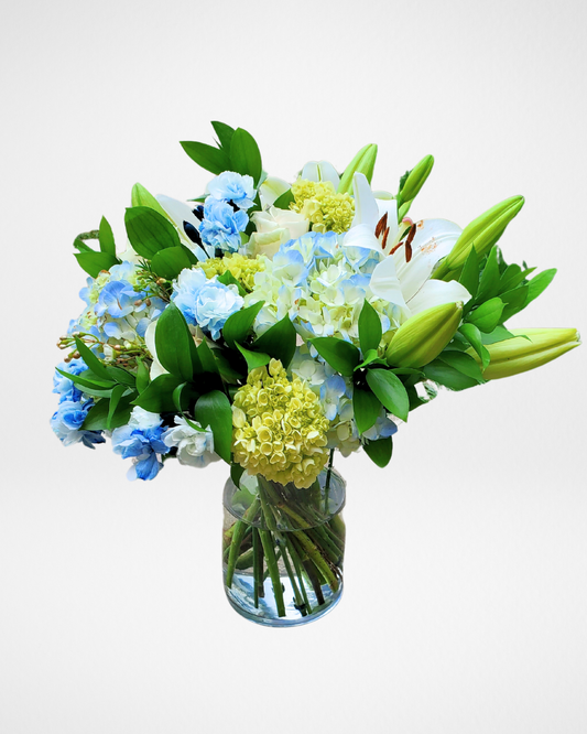 Same day flower delivery Toronto GTA blue and white floral arrangement