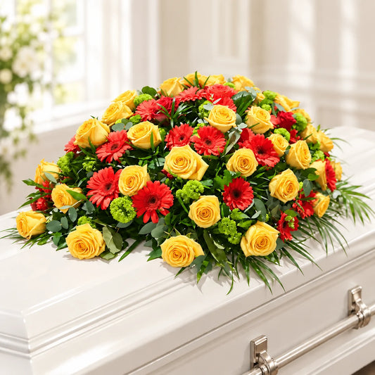 Yellow roses and red gerberas arranged with green chrysanthemums and foliage across a white casket.
