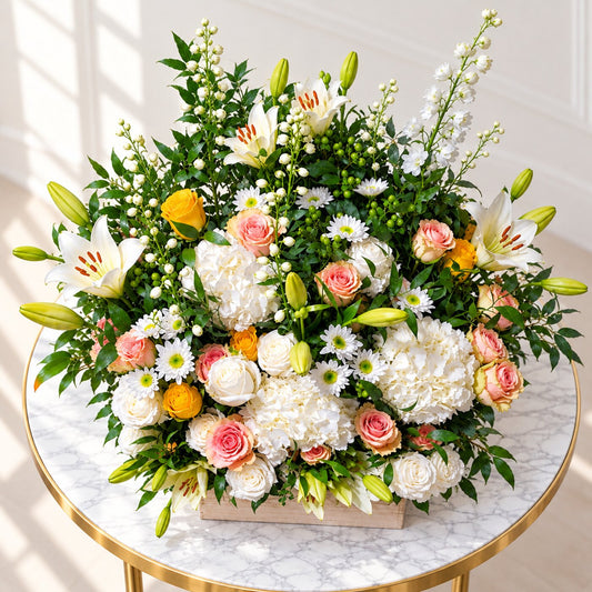 Top view of a large sympathy flower arrangement with hydrangeas, roses, lilies and greenery