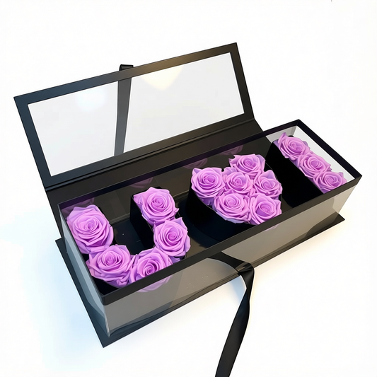 detailed texture of preserved purple roses arranged in a luxury flower box
