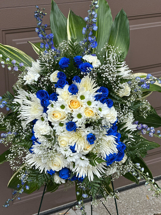 Skyward Tribute standing spray for funeral flower delivery Toronto GTA
