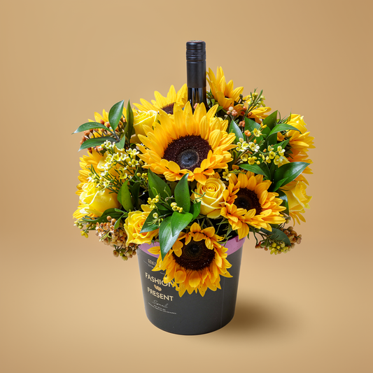 Elegant sunflower flower box with wine and same day flower delivery Toronto GTA