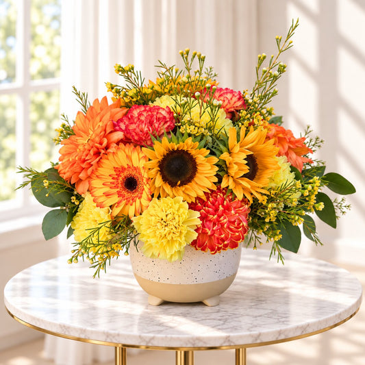 Sunflower flower arrangement with orange dahlias and yellow carnations in a ceramic vase