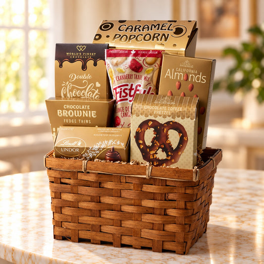 Snack gift basket Toronto with caramel popcorn, Lindor chocolates, almonds, cranberry trail mix, brownie thins and pretzels