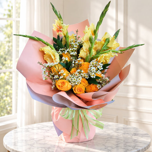 Thanksgiving bouquet Toronto with yellow gladiolus, orange roses and white accent flowers