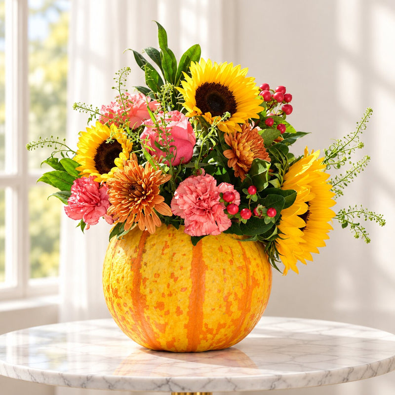 Thanksgiving flower centrepiece with sunflowers, coral roses and autumn blooms in a pumpkin