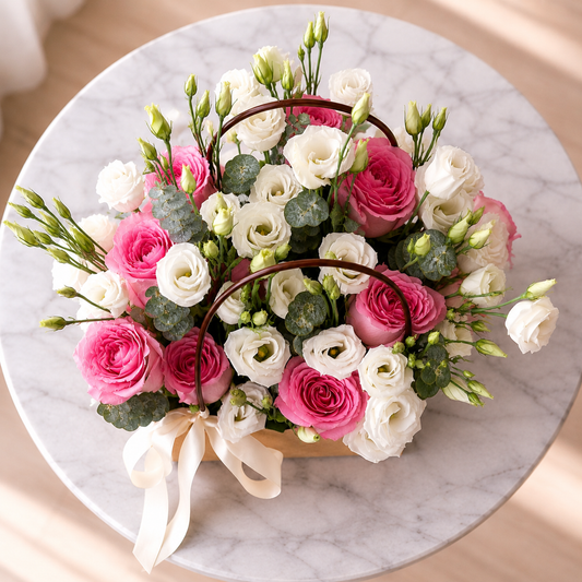 Top view of a luxury flower box with pink roses and white lisianthus available for same day flower delivery in Toronto and Mississauga.