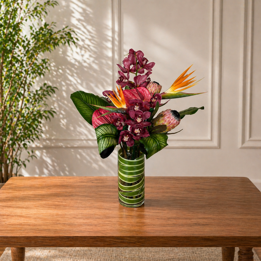 tropical flower arrangement Toronto with orchids and bird of paradise