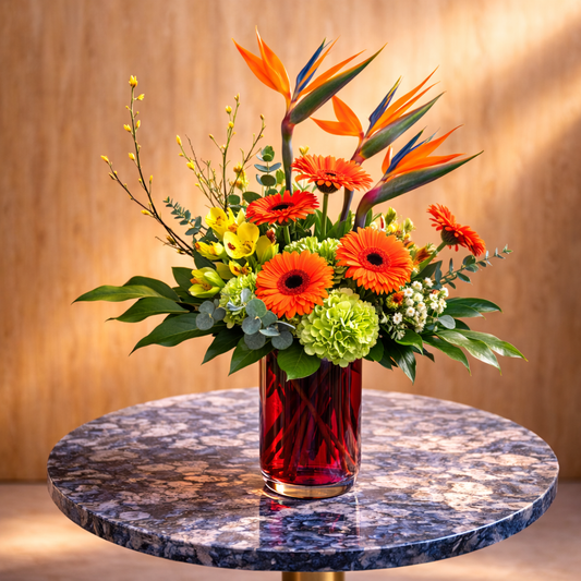tropical flower arrangement Toronto with birds of paradise and gerbera daisies in modern vase