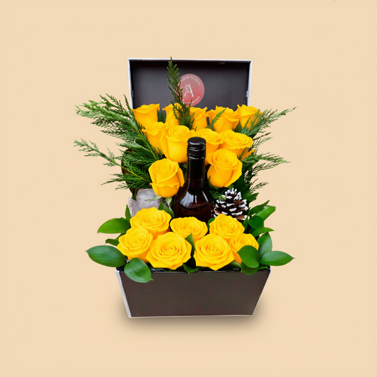Bright flower box arrangement with yellow roses