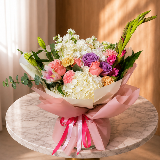 Pink, lavender, and white flower bouquet arrangement.