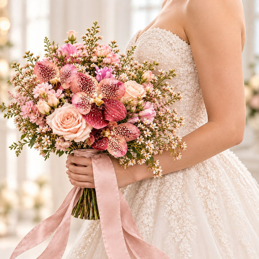 Toronto bride holding a romantic wedding bouquet of patterned orchids, blush roses and soft pink flowers