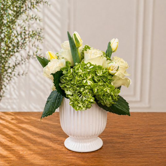 white floral centerpiece Toronto with white roses and green hydrangea