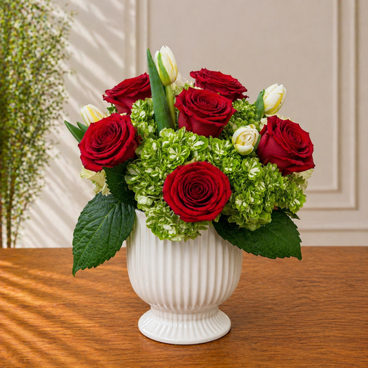white floral centerpiece Toronto with red roses romantic luxury design