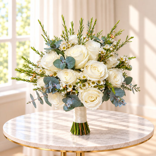 White rose bridal bouquet with ivory roses and eucalyptus by Amarilis Flowers