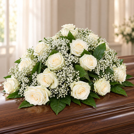 White rose casket spray with baby’s breath and greenery on a walnut casket