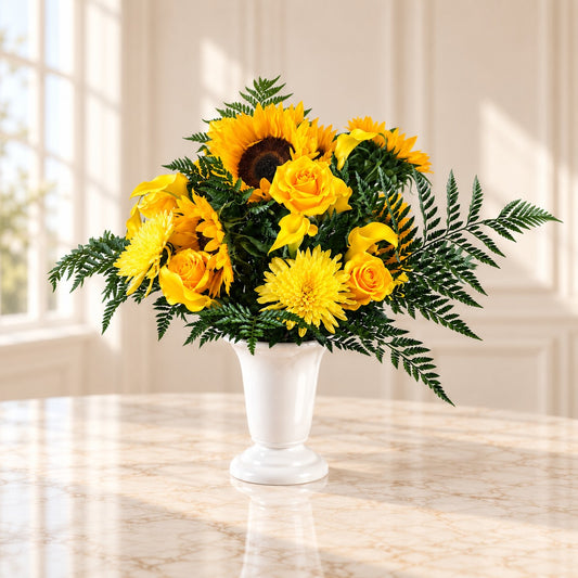 Side view of yellow condolence flowers arranged in an elegant white vase for delivery across Toronto and the GTA