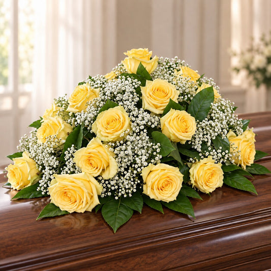 Yellow rose funeral tribute arranged with baby’s breath and fresh greenery